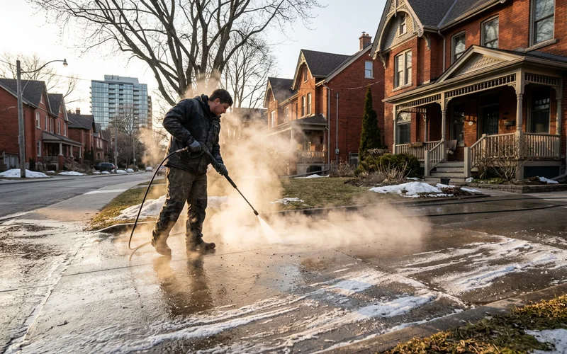 Hot-water power washer dissolving road salt on a Toronto concrete driveway