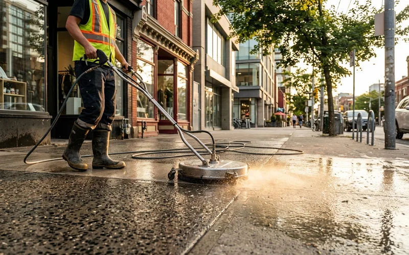 Hot-water surface cleaner lifting gum spots from a storefront sidewalk