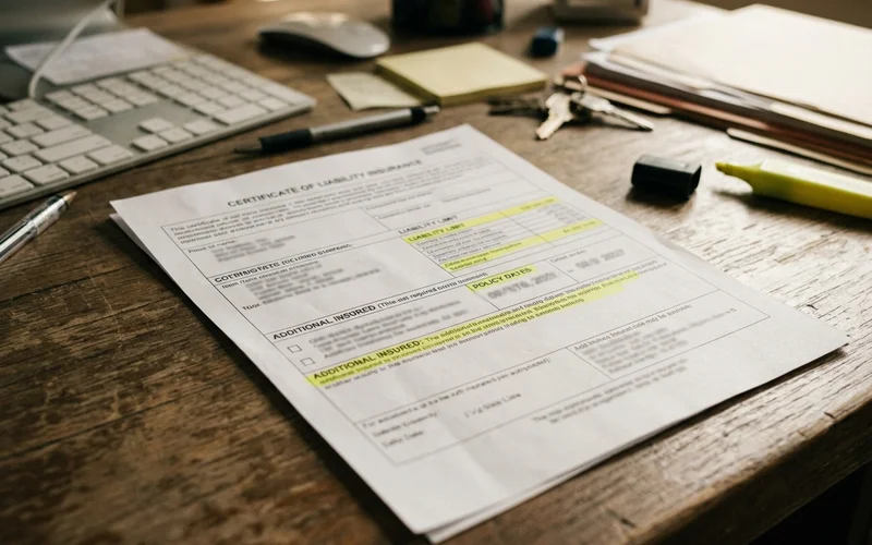 Certificate of insurance with key sections highlighted