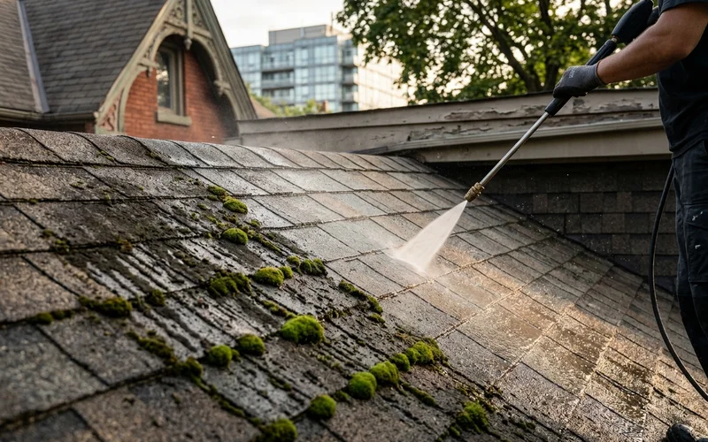 Close-up of black algae streaks and moss on asphalt shingles