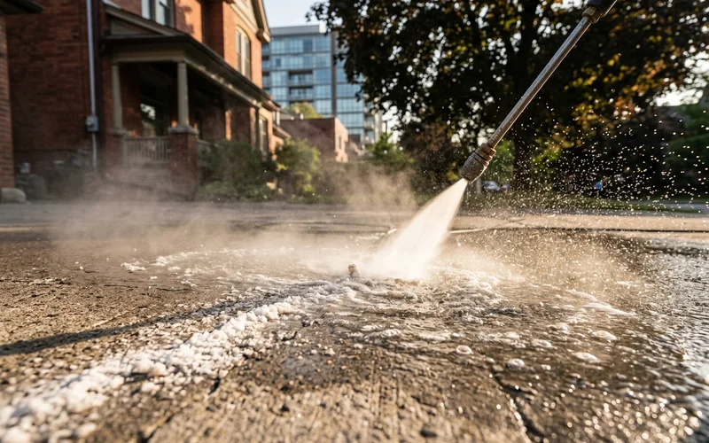 White road salt efflorescence on concrete dissolving under 200F hot water
