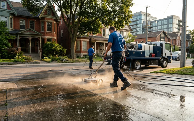Crew running a rotary surface cleaner on a Toronto driveway, showing a clean pass beside the dirty section