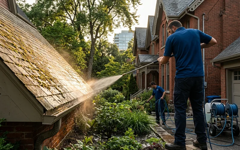 Crew applying a low-pressure soft wash mix to a mossy roof slope with gardens pre-wet below
