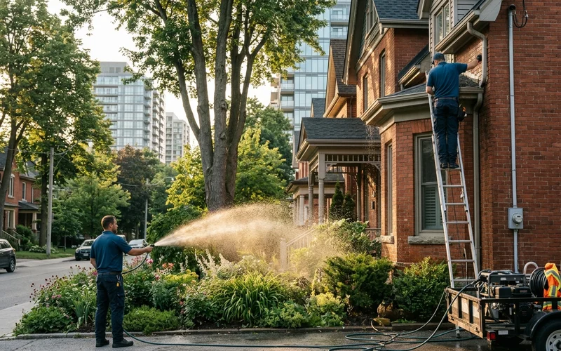 Crew pre-wetting gardens and checking gutters before a roof soft wash