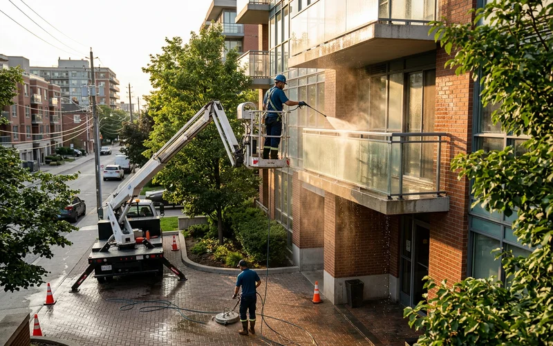 Crew soft washing a condo facade and balcony railings while the entrance pavers are surface cleaned
