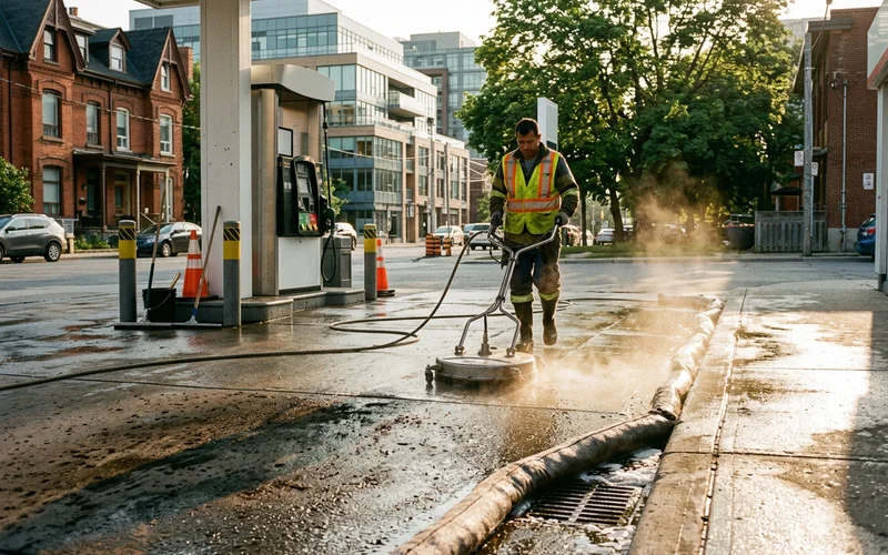 Fuel-stained concrete at a pump island being degreased with a hot-water surface cleaner