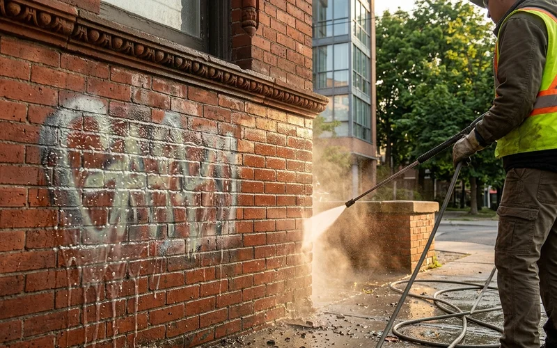 Graffiti remover gel dwelling on a spray-paint tag on brick beside a clean test patch