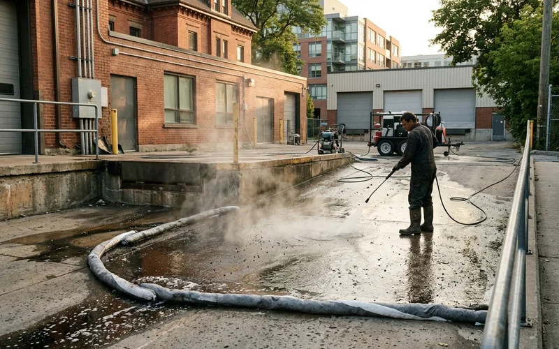 Hydraulic fluid spill on a loading dock contained by absorbent boom during hot-water degreasing