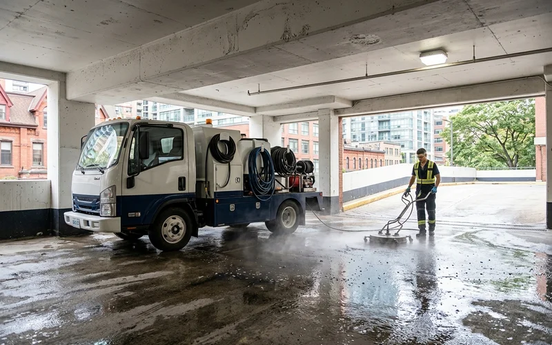 Low-clearance hot-water equipment lifting salt lines off an underground garage floor