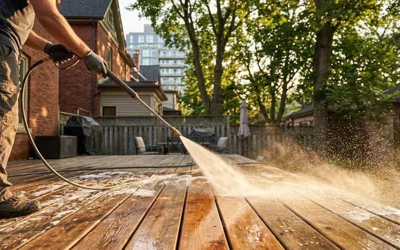 Low-pressure 40-degree nozzle rinsing cedar deck boards along the grain