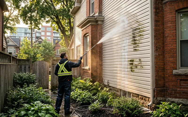 Low-pressure soft wash applied to algae on vinyl siding