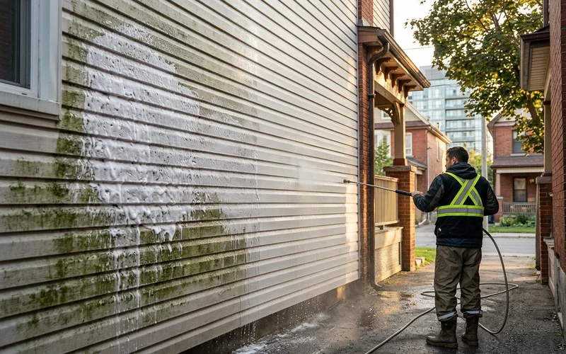Soft wash solution on algae-covered vinyl siding, half rinsed clean