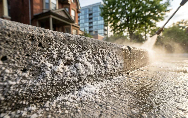 Close-up of salt crystals and efflorescence on concrete