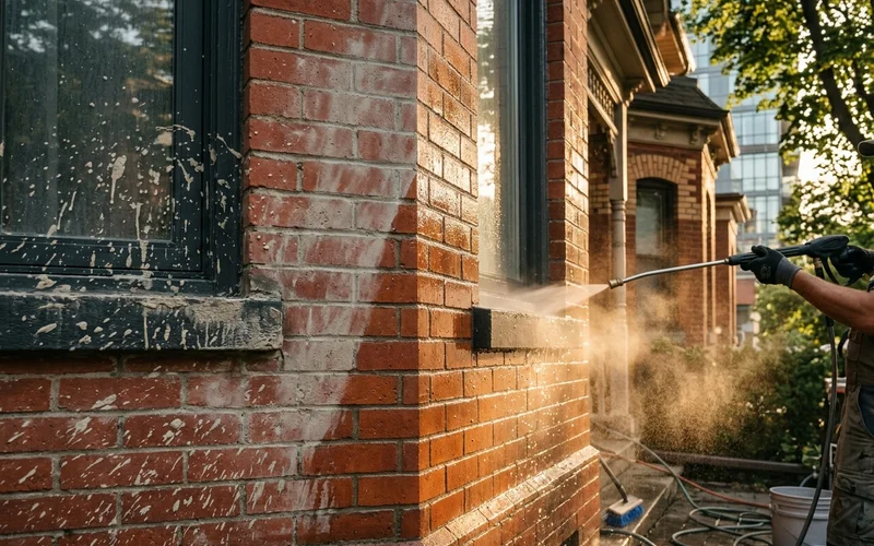 New brick and window frame half cleaned of mortar splatter and concrete haze