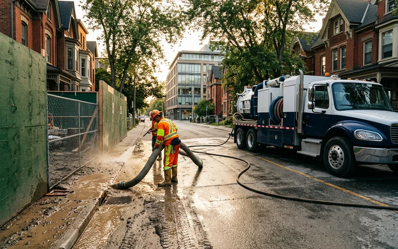 Construction exit onto a city street half washed with the hydrovac collecting slurry at the curb