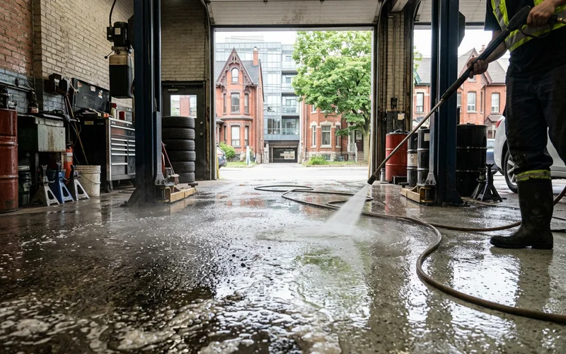 Oil-soaked shop floor under a vehicle lift, half degreased