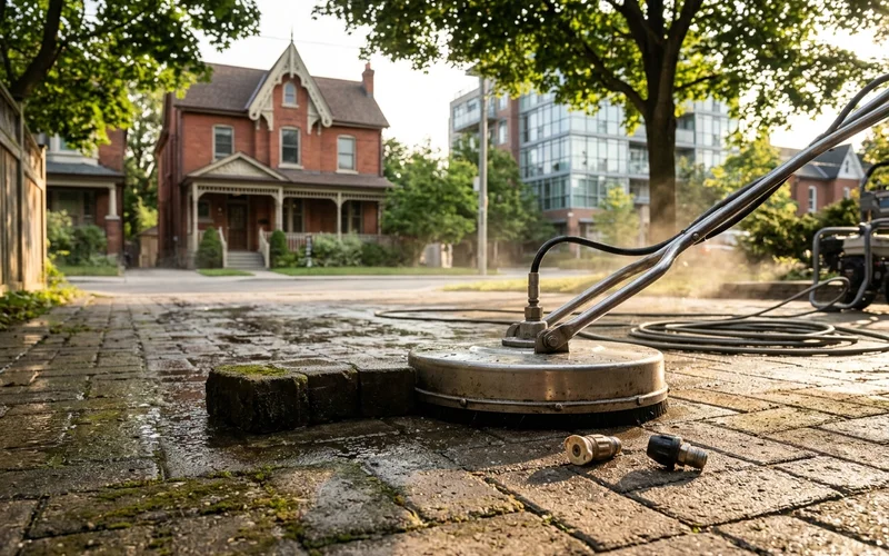Rotary surface cleaner on pavers with 25-degree and turbo nozzle tips