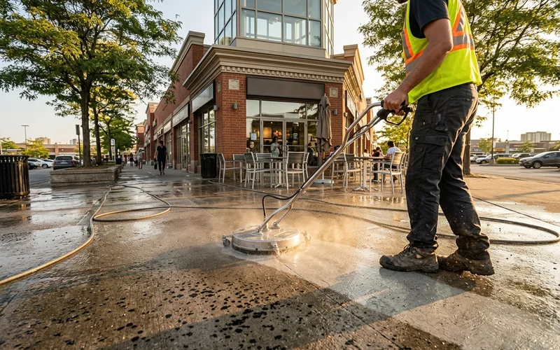Rotary surface cleaner lifting gum spots from a plaza sidewalk outside a coffee shop