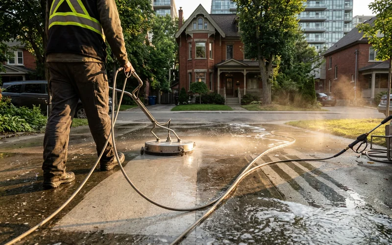 Even rotary surface cleaner finish beside striped wand marks on concrete