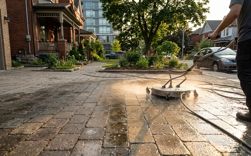 Rotary surface cleaner on interlock pavers, clean pass beside a grey filmed section