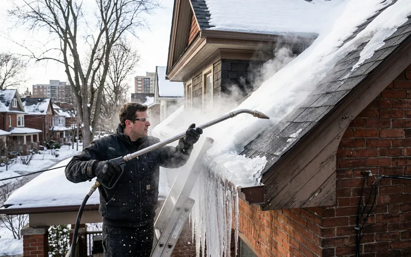 Steam wand cutting a channel through an ice dam on a shingle eave