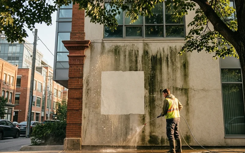 Test patch on an EIFS wall showing a clean square beside algae-streaked panels