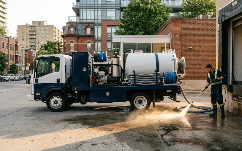 One service truck carrying a 200F hot-water power washer and a hydrovac vacuum tank at a Toronto loading dock
