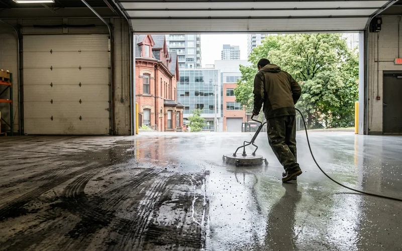 Warehouse aisle half cleaned of forklift tire marks with a hot-water surface cleaner