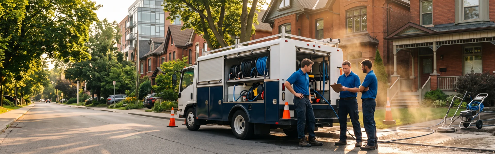 Crew reviewing notes beside the service truck on a Toronto street