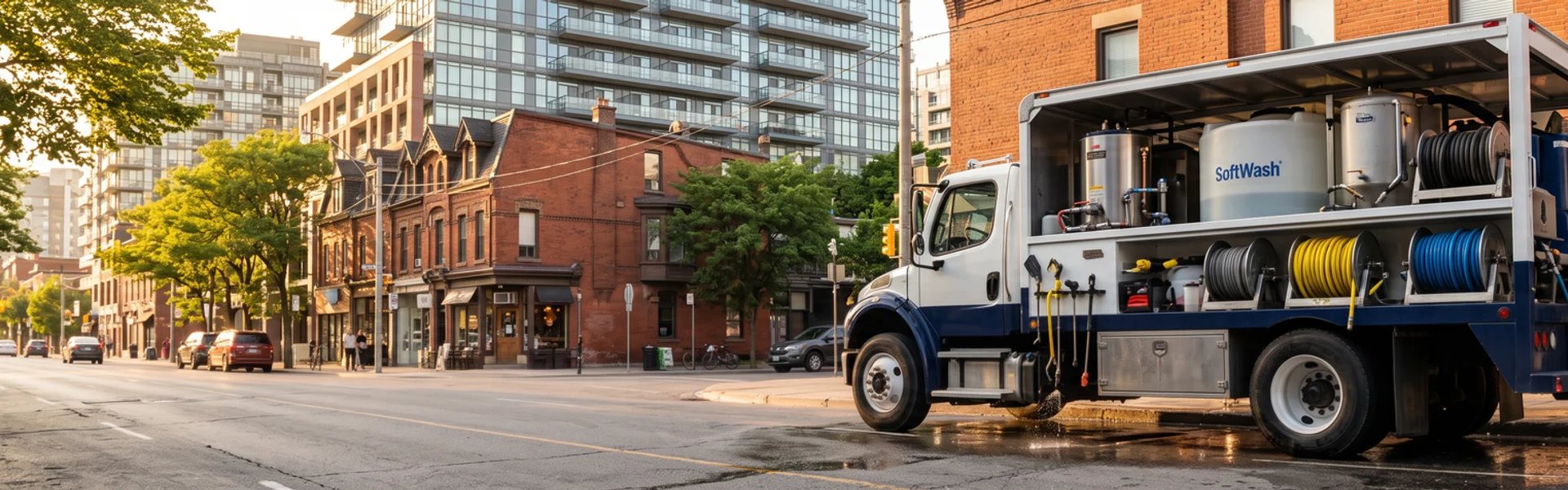 Service truck with hot-water rig, SoftWash tank and hydrovac on a Toronto street