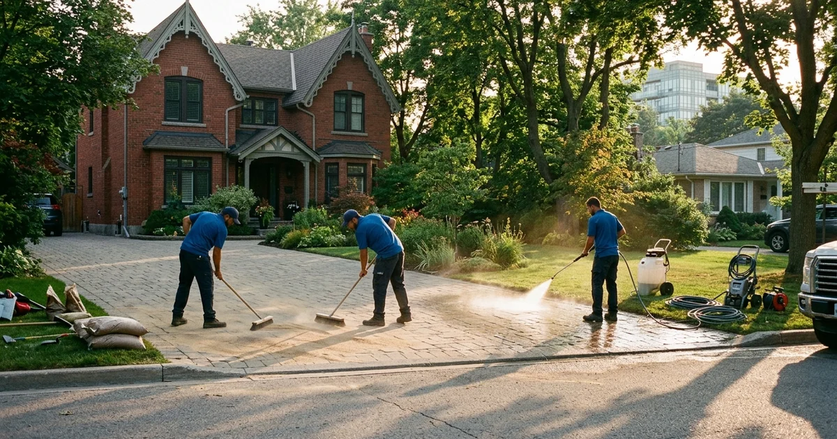 Interlock paver driveway being cleaned, re-sanded with polymeric sand and sealed