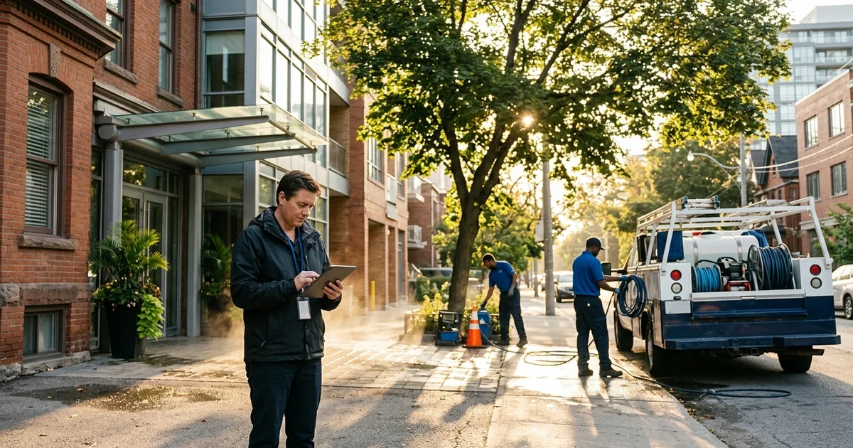 Property manager reviewing a certificate of insurance at a Toronto condo entrance