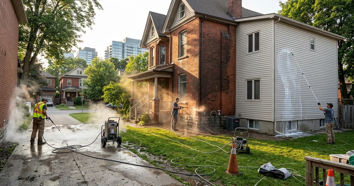 Hot-water power washing, cold-water pressure washing and soft washing on different surfaces of a Toronto home