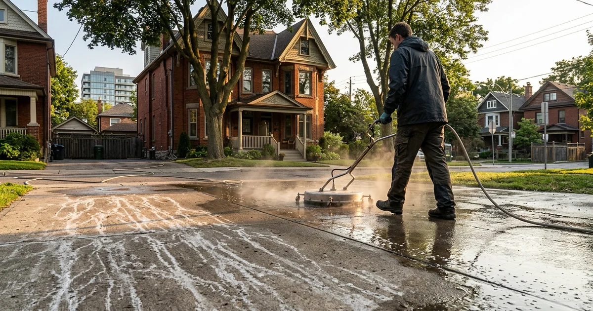 Toronto concrete driveway with road salt lines, half cleaned with a hot-water surface cleaner