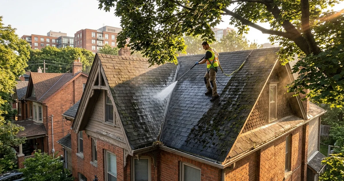 Toronto roof under mature maples with black streaks and moss being soft washed