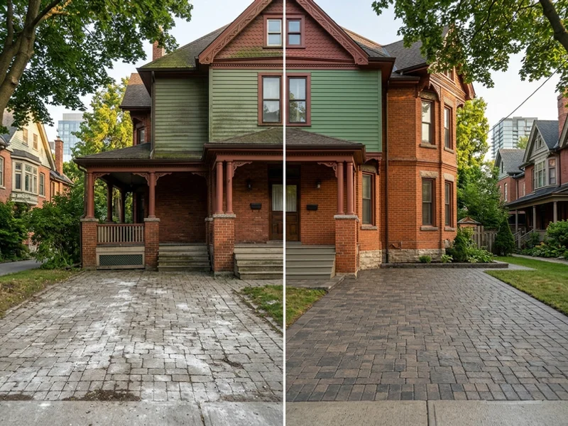 Before and after of a GTA home exterior: salt-stained driveway and green siding versus a clean result