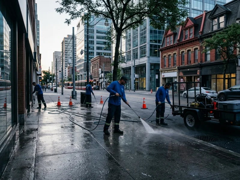 Early-morning storefront sidewalk washing near Yonge and Davisville in Toronto