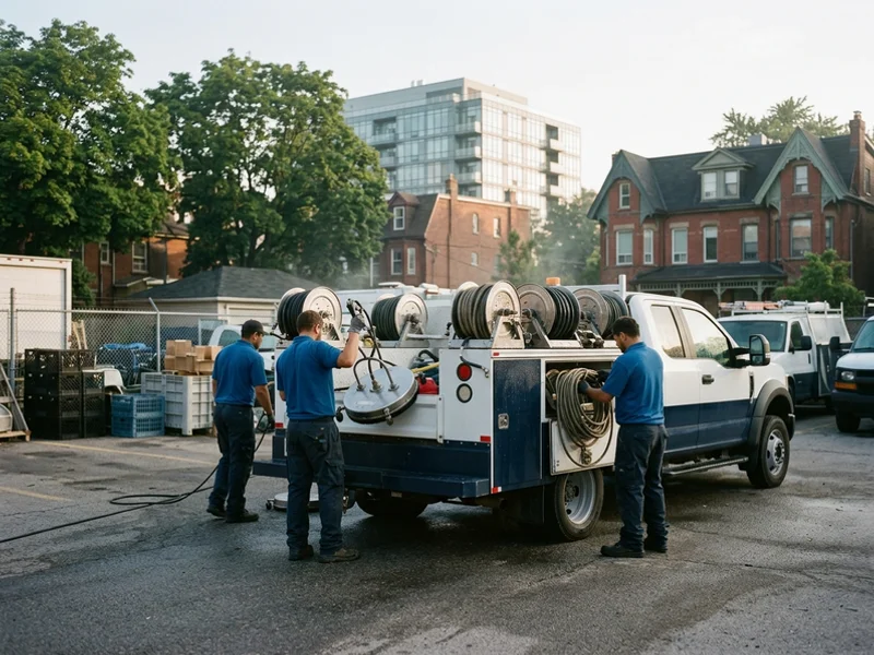 Crew loading hose reels and surface cleaners onto a service truck at the yard