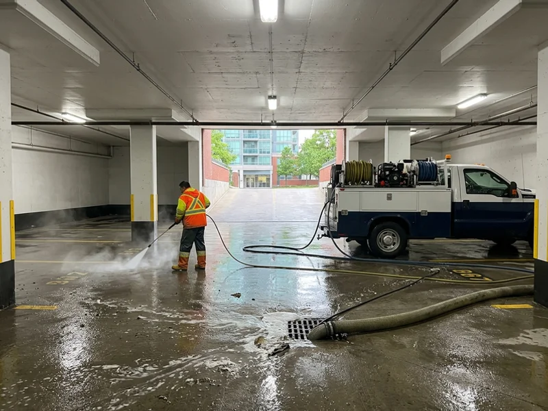 Underground condo garage level in Mississauga being washed with hydrovac recovery
