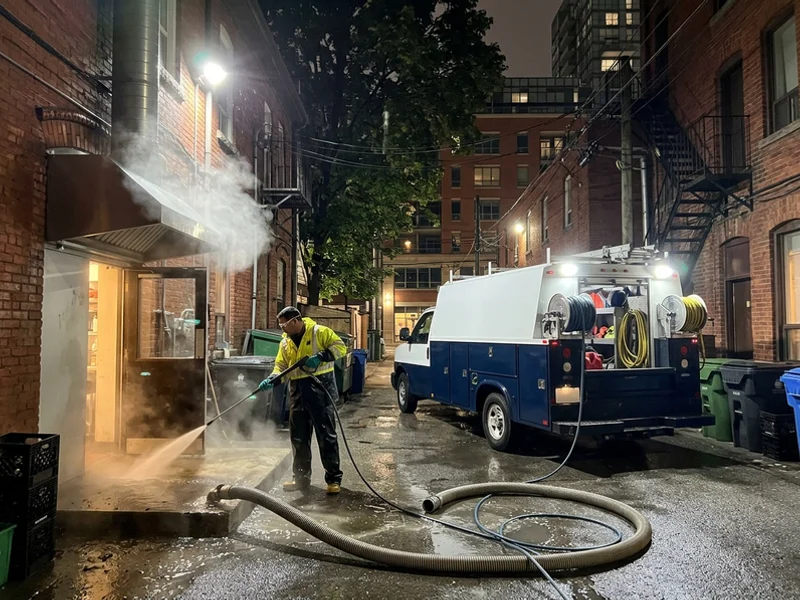 Night-time hot-water degreasing behind a Little Italy restaurant with hydrovac recovery