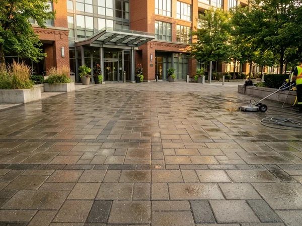 Condo pressure washing Toronto entrance plaza in Liberty Village (after)