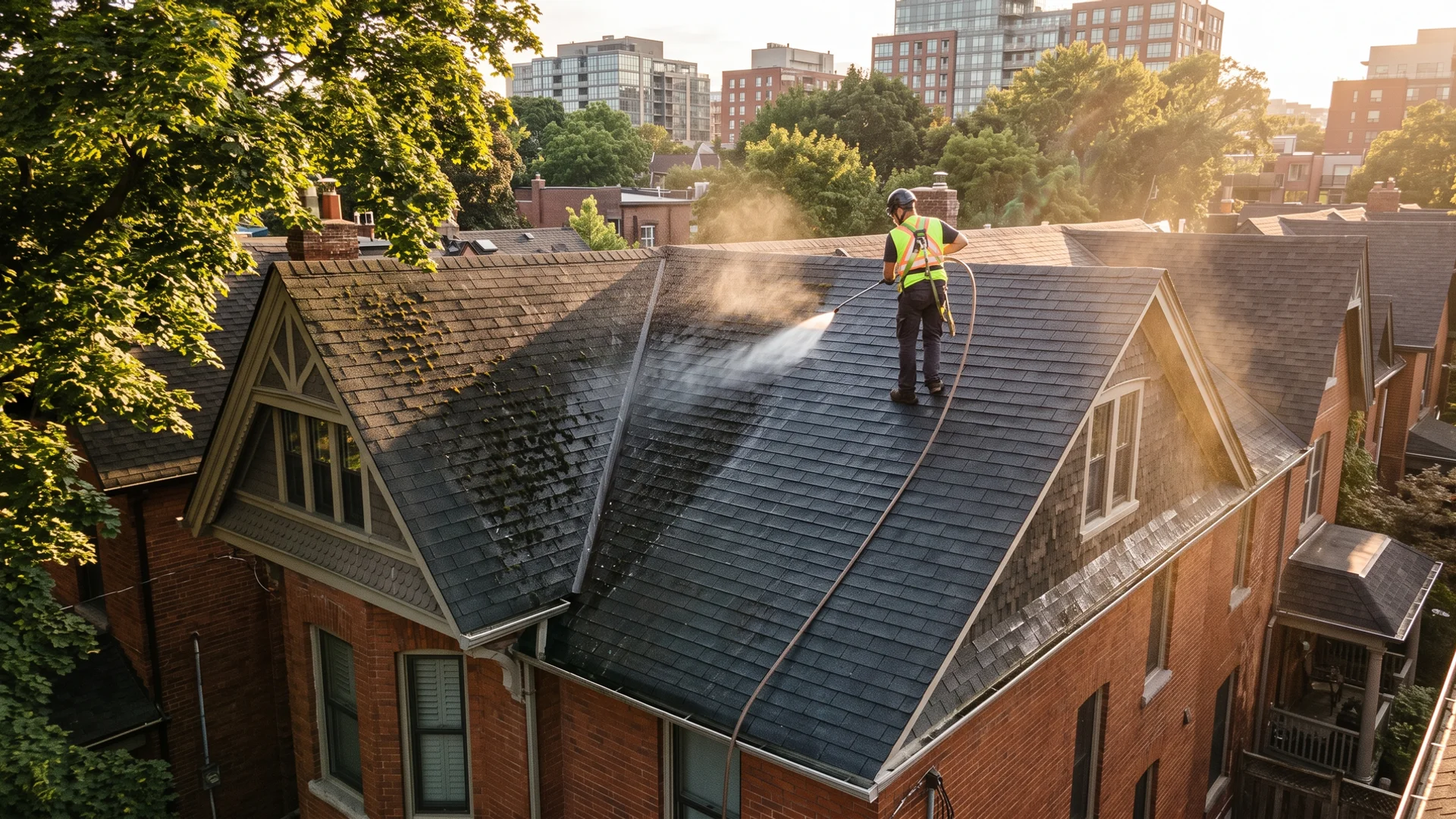 Toronto shingle roof under maple canopy, half soft washed to show clean versus black-streaked shingles
