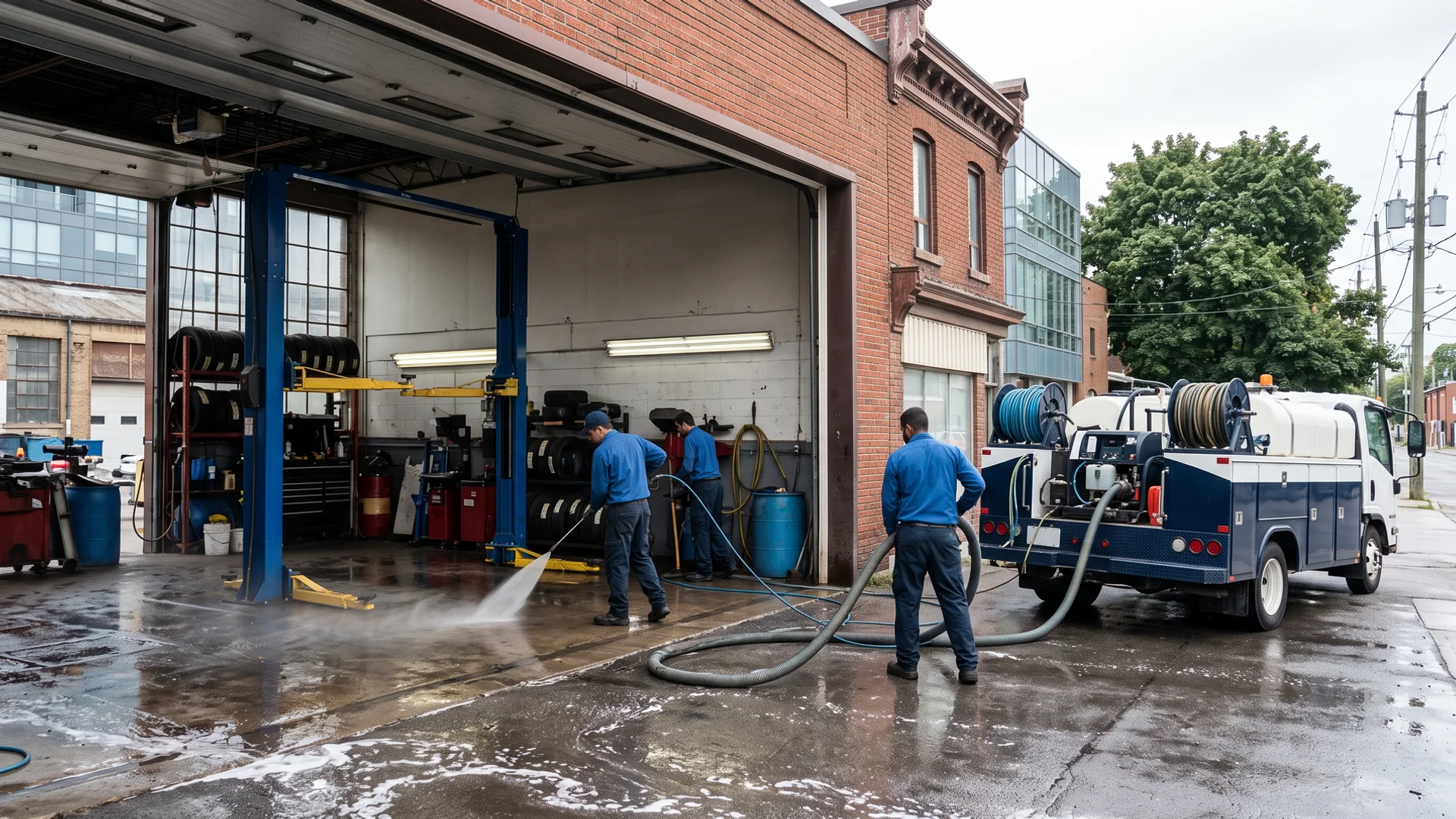 Scarborough auto repair bay being hot-water degreased with hydrovac recovery