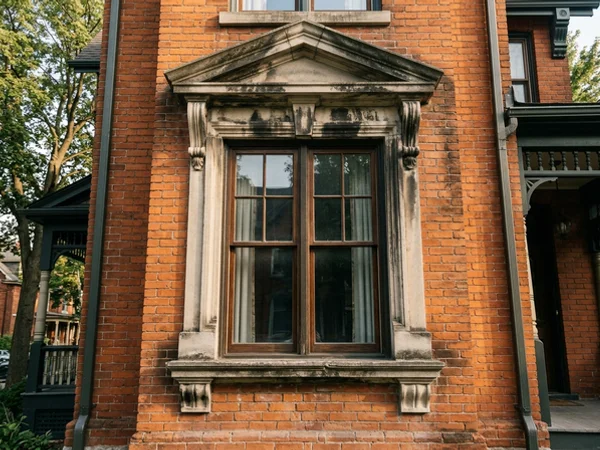 Soft washing Toronto heritage limestone in Cabbagetown (before)