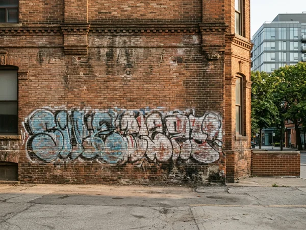 Graffiti removal Toronto brick wall in King West (before)