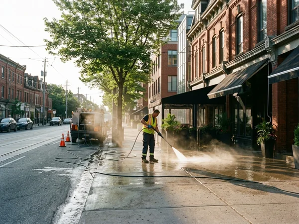 Row of clean storefront sidewalks in a Toronto BIA