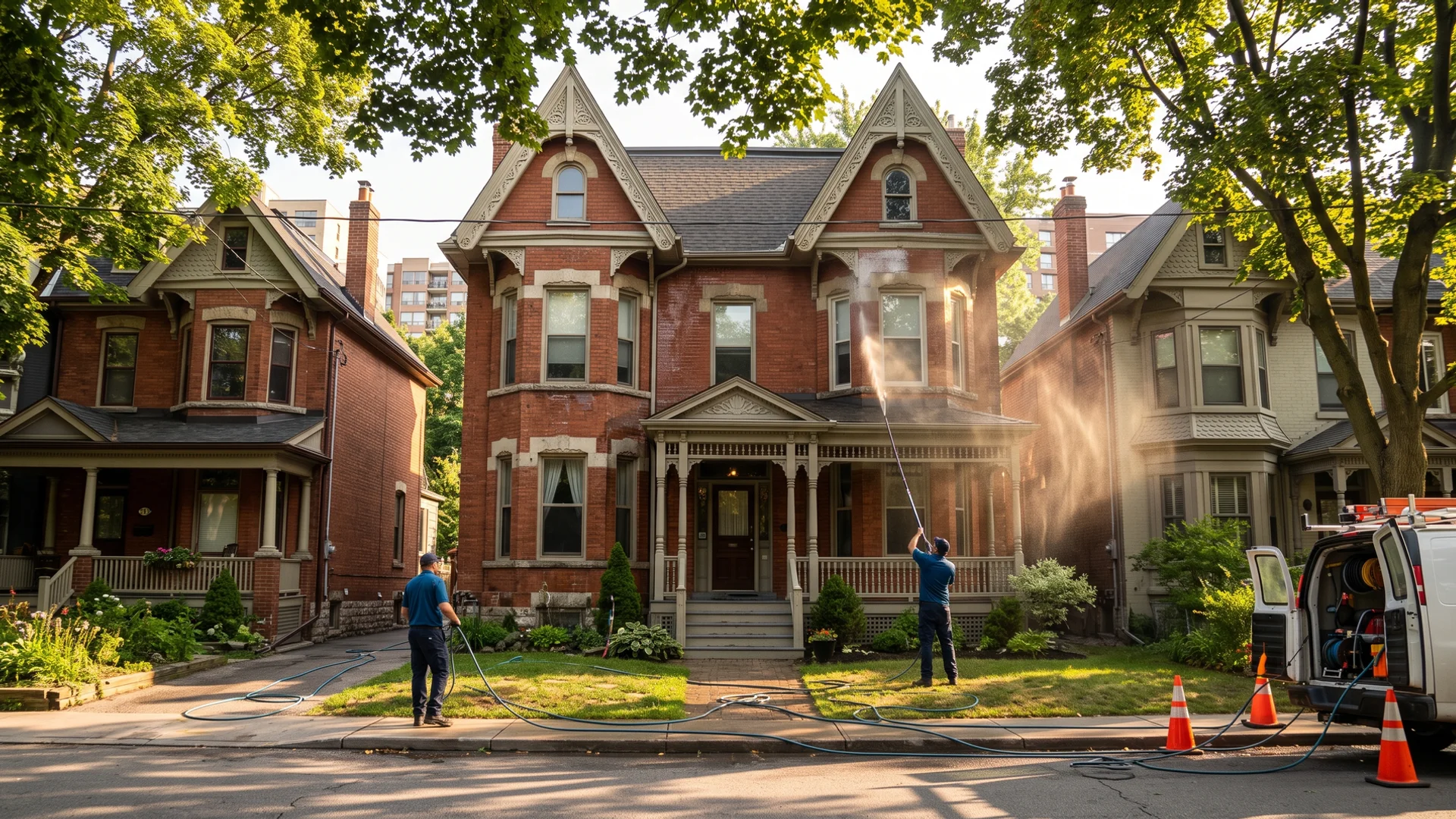 Cabbagetown Victorian heritage home with limestone trim being gently soft washed
