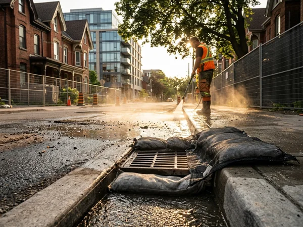 Curb catch basin protected during construction road washing