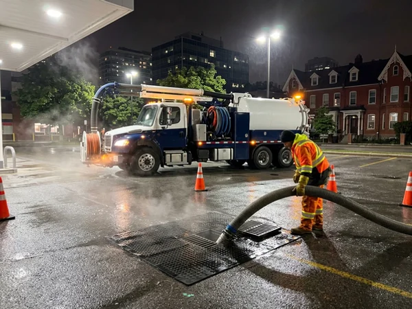 Lot catch basin covered while the hydrovac recovers runoff