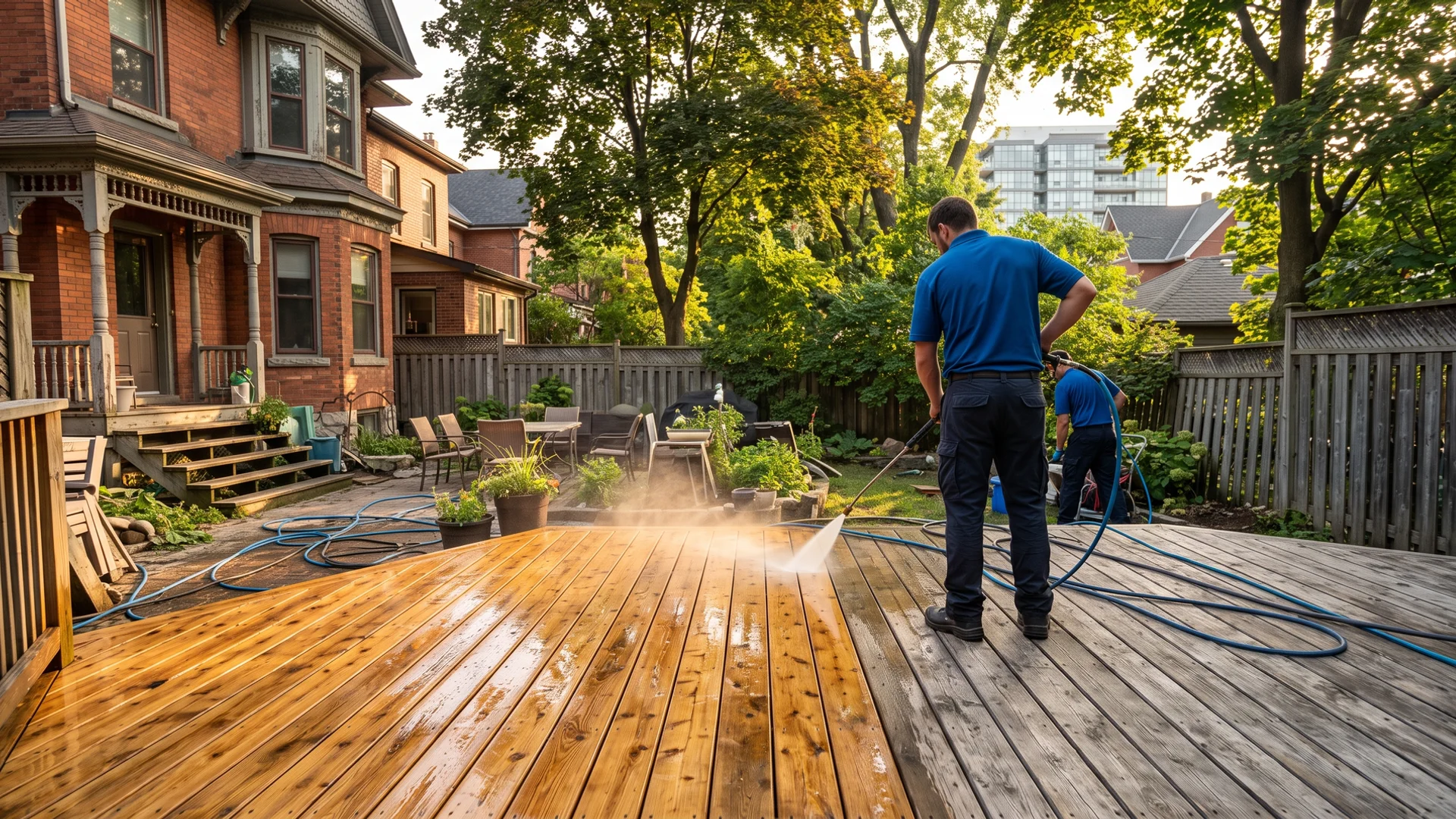 Riverdale cedar deck half cleaned, showing honey-toned boards beside grey weathered boards